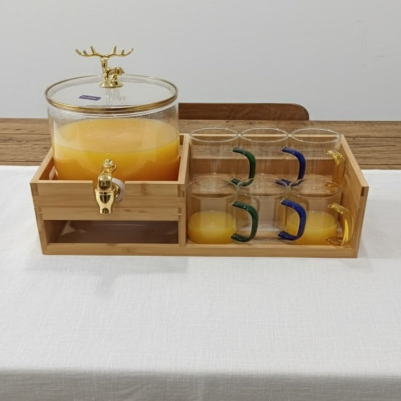 Echou GoldenDeer Glass Dispenser Set with Wooden Stand & 6 Glasses - All-In-One Store Pakistan