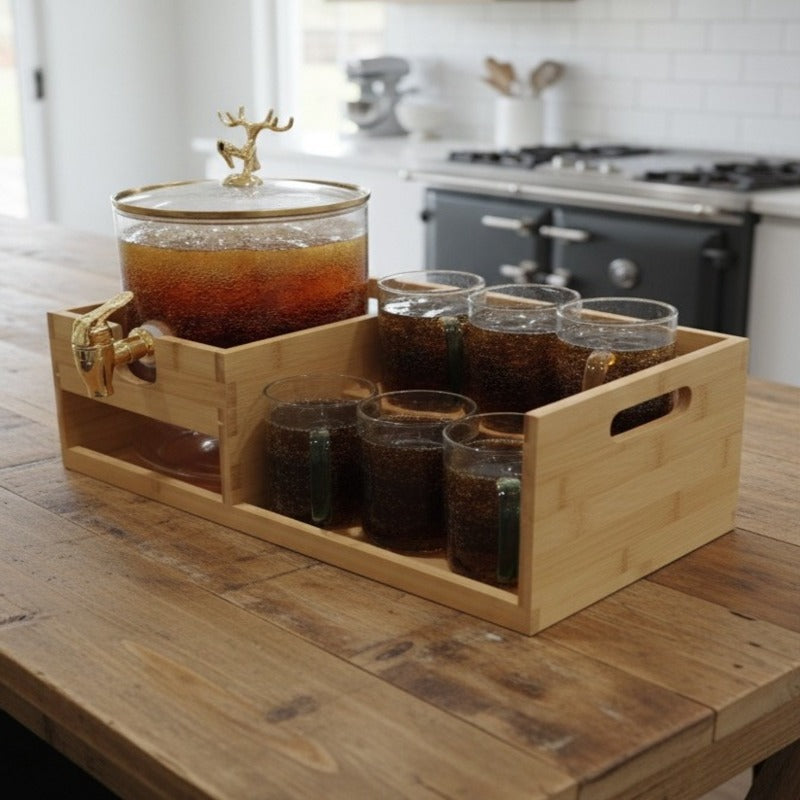 Echou GoldenDeer Glass Dispenser Set with Wooden Stand & 6 Glasses - All-In-One Store Pakistan