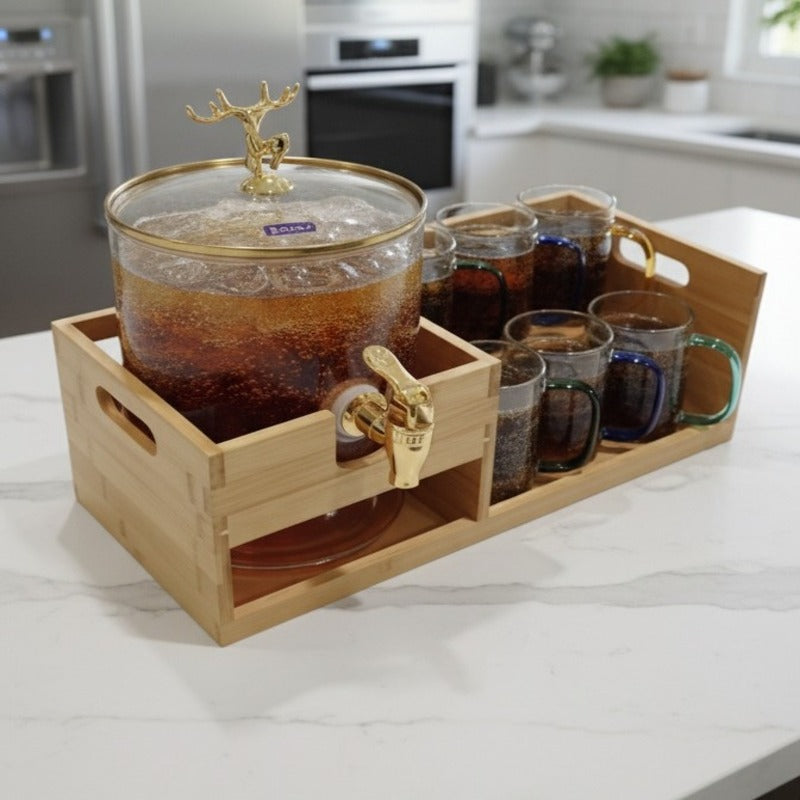 Echou GoldenDeer Glass Dispenser Set with Wooden Stand & 6 Glasses - All-In-One Store Pakistan