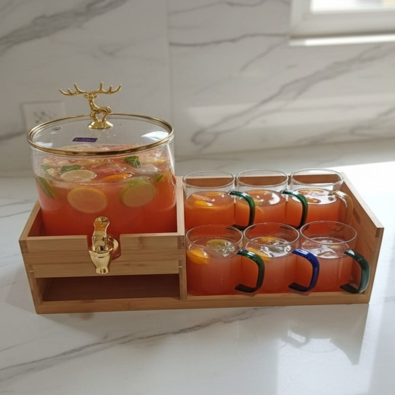 Echou GoldenDeer Glass Dispenser Set with Wooden Stand & 6 Glasses - All-In-One Store Pakistan