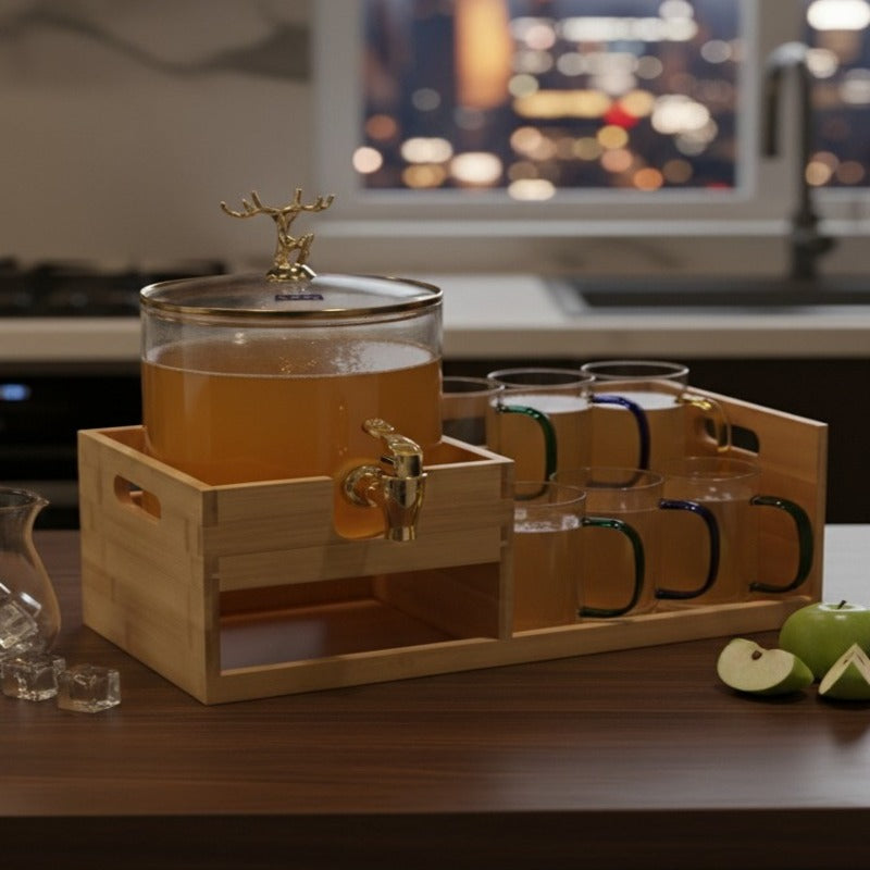 Echou GoldenDeer Glass Dispenser Set with Wooden Stand & 6 Glasses - All-In-One Store Pakistan