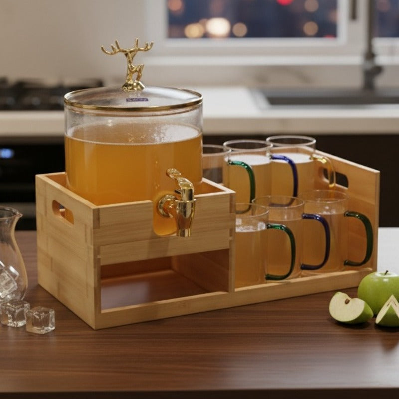 Echou GoldenDeer Glass Dispenser Set with Wooden Stand & 6 Glasses - All-In-One Store Pakistan