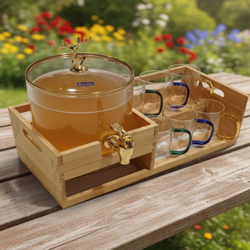 Echou GoldenDeer Glass Dispenser Set with Wooden Stand & 6 Glasses - All-In-One Store Pakistan
