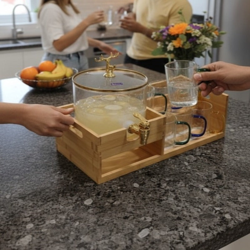 Echou GoldenDeer Glass Dispenser Set with Wooden Stand & 6 Glasses - All-In-One Store Pakistan