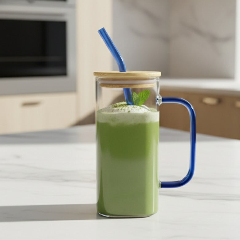 Square Glass Tumbler & Straw with Wooden Airtight Lid - All-In-One Store Pakistan