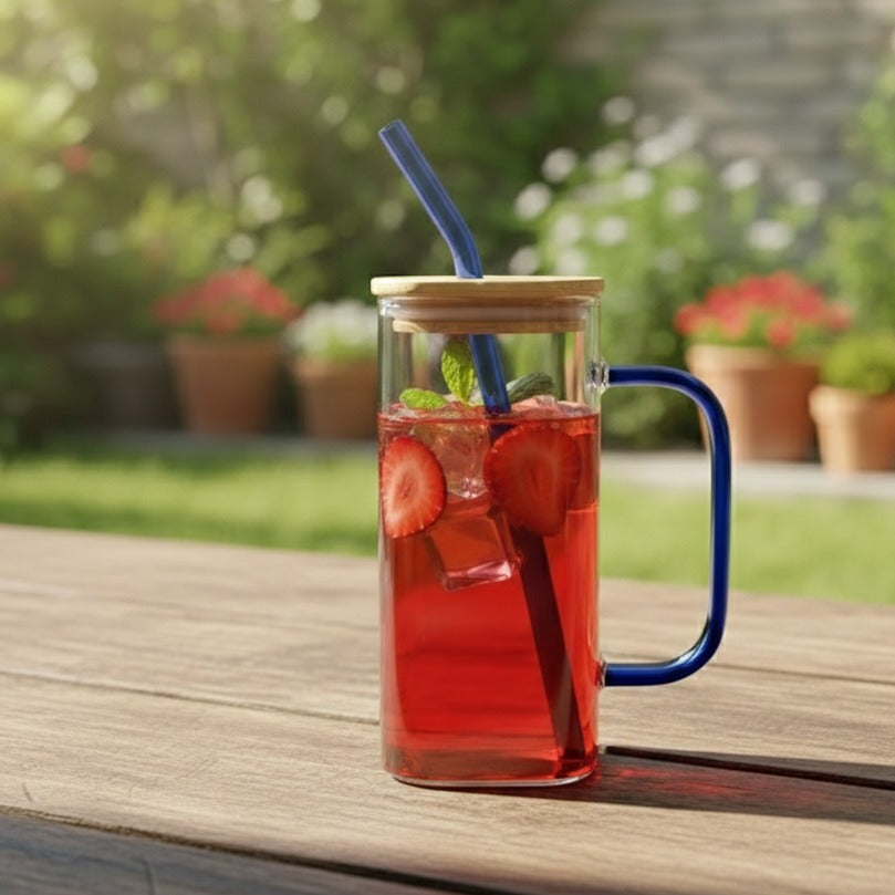 Square Glass Tumbler & Straw with Wooden Airtight Lid - All-In-One Store Pakistan