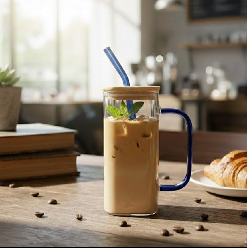 Square Glass Tumbler & Straw with Wooden Airtight Lid - All-In-One Store Pakistan