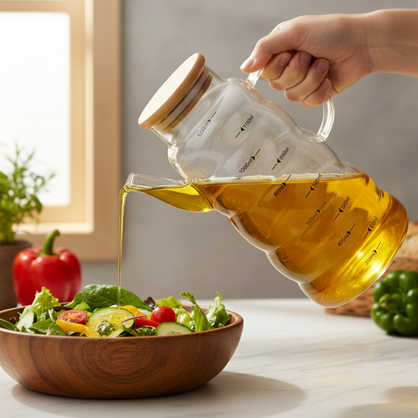 1.2L Glass Oil Jug with Airtight Wooden Lid & Precision Pour Stopper - All-In-One Store Pakistan
