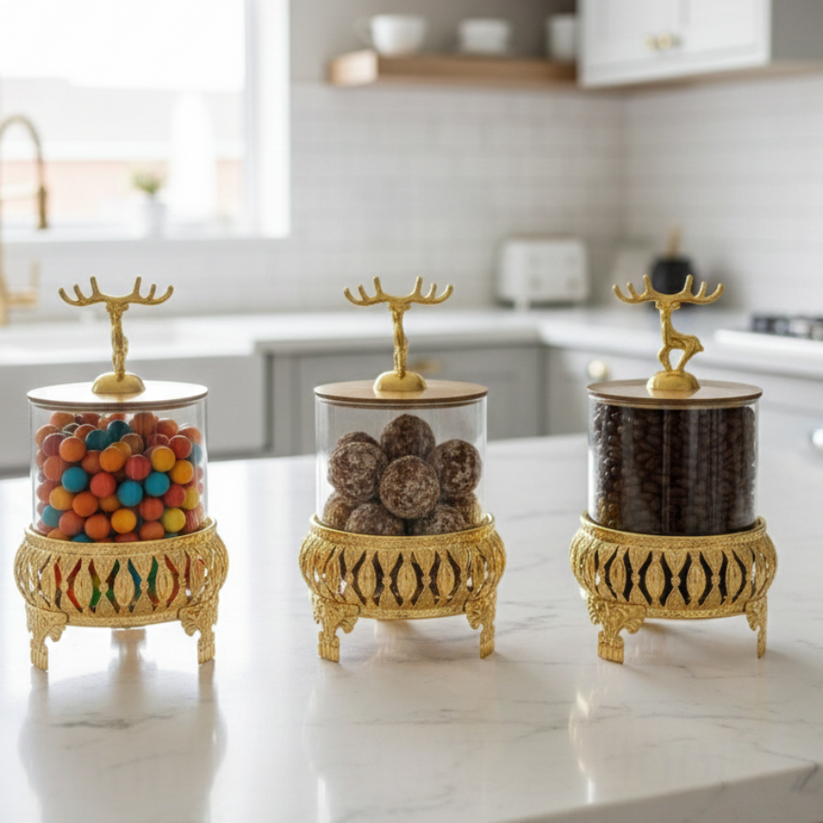 Royal 3-Pcs Golden Base TintedGlass Jars with Lid (1129) - All-In-One Store Pakistan