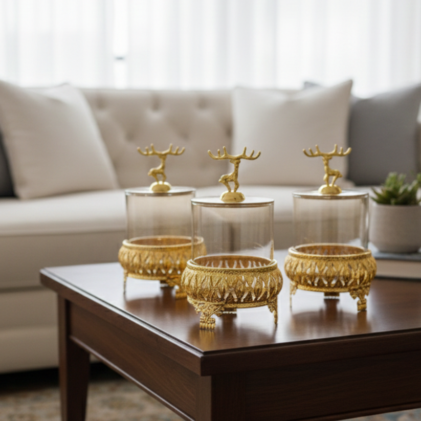 Royal 3-Pcs Golden Base TintedGlass Jars with Lid (1129) - All-In-One Store Pakistan