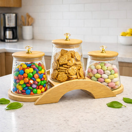 Decorative Bridge-Design Jar Trio with Natural Wooden Stand (1101) - All-In-One Store Pakistan