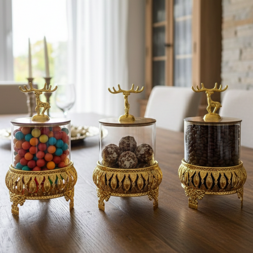 Royal 3-Pcs Golden Base TintedGlass Jars with Lid (1129) - All-In-One Store Pakistan
