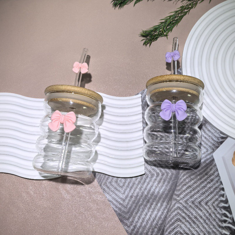 Bow Pattern Glass Tumbler with Wooden Lid & Glass Straw - All-In-One Store Pakistan
