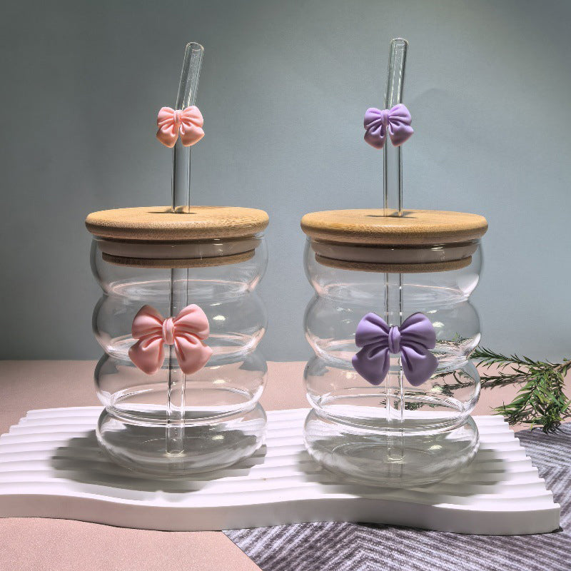 Bow Pattern Glass Tumbler with Wooden Lid & Glass Straw - All-In-One Store Pakistan