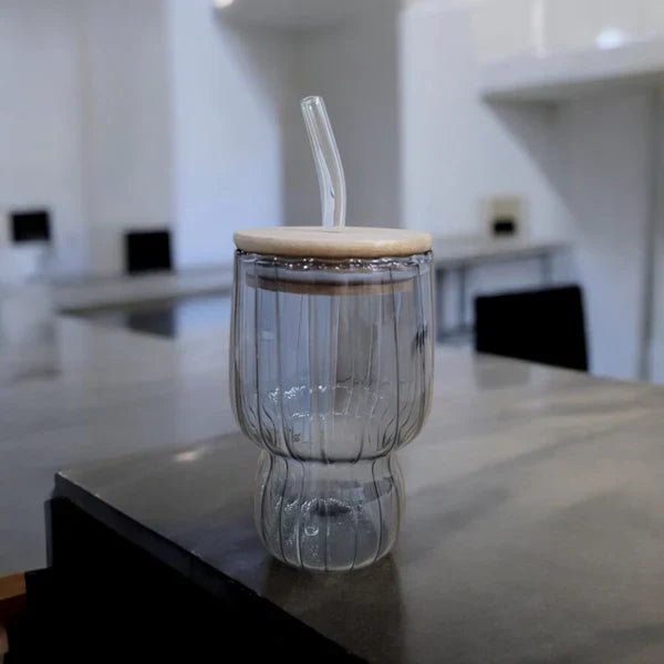 AmberRib Glass Cup with Wooden Lid - All-In-One Store Pakistan