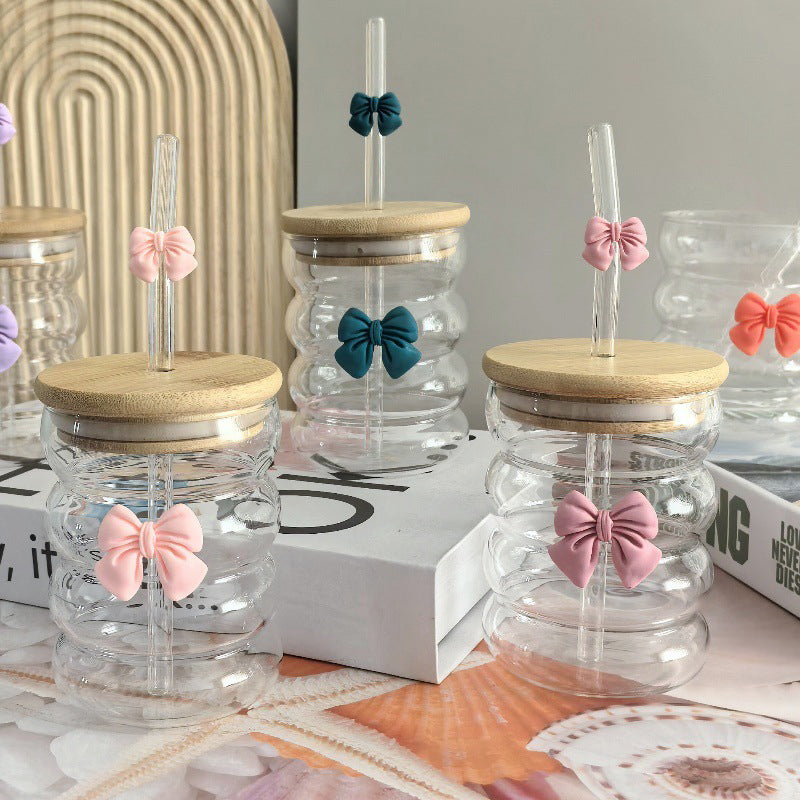 Bow Pattern Glass Tumbler with Wooden Lid & Glass Straw - All-In-One Store Pakistan