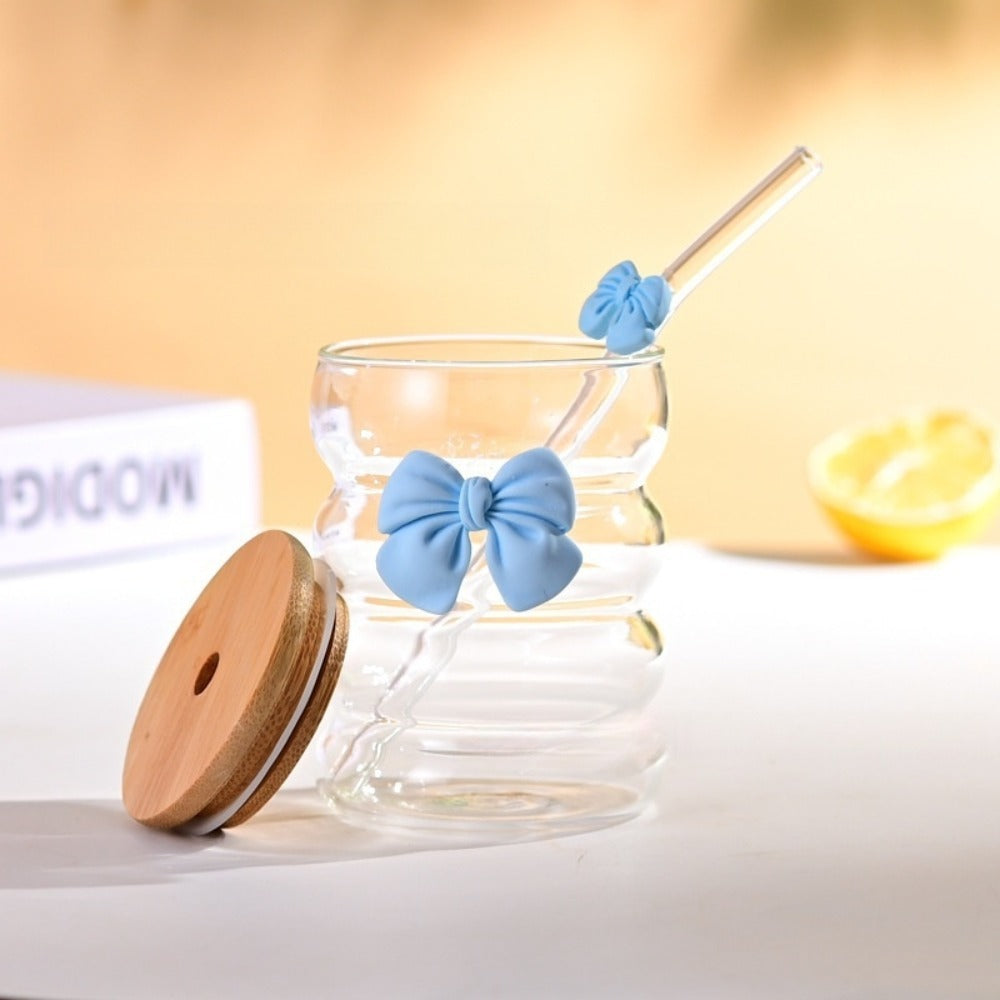 Bow Pattern Glass Tumbler with Wooden Lid & Glass Straw - All-In-One Store Pakistan