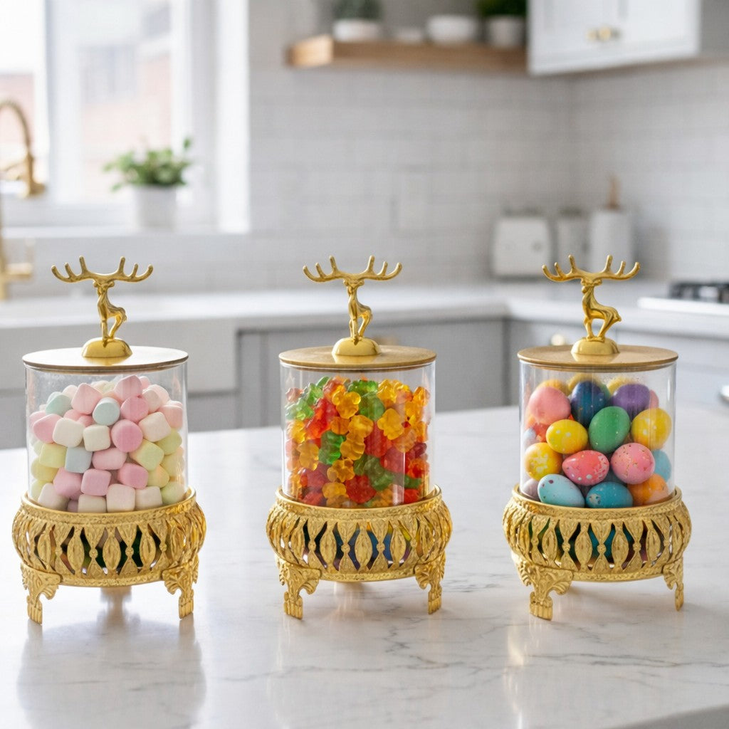 Royal 3-Pcs Golden Base TintedGlass Jars with Lid (1129) - All-In-One Store Pakistan