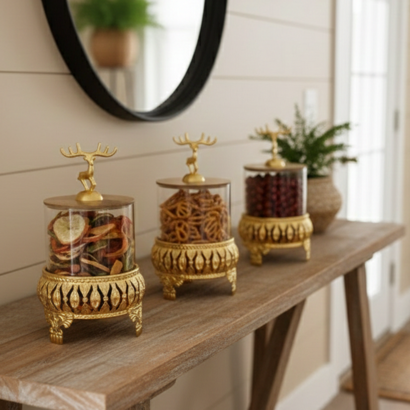 Royal 3-Pcs Golden Base TintedGlass Jars with Lid (1129) - All-In-One Store Pakistan