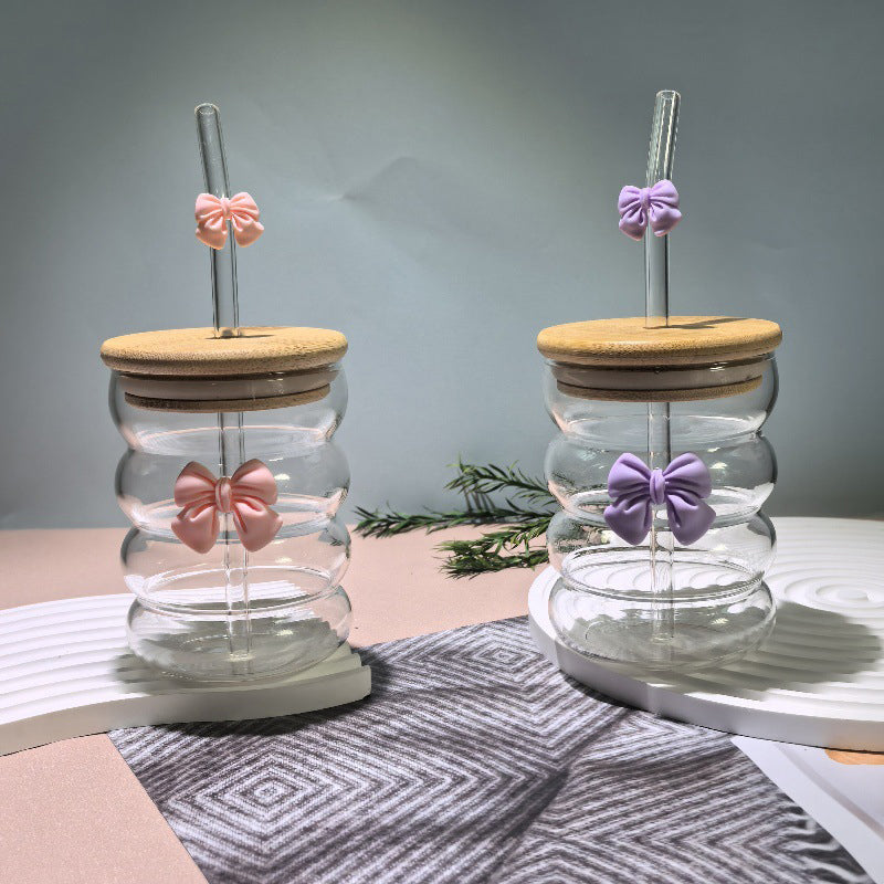 Bow Pattern Glass Tumbler with Wooden Lid & Glass Straw - All-In-One Store Pakistan