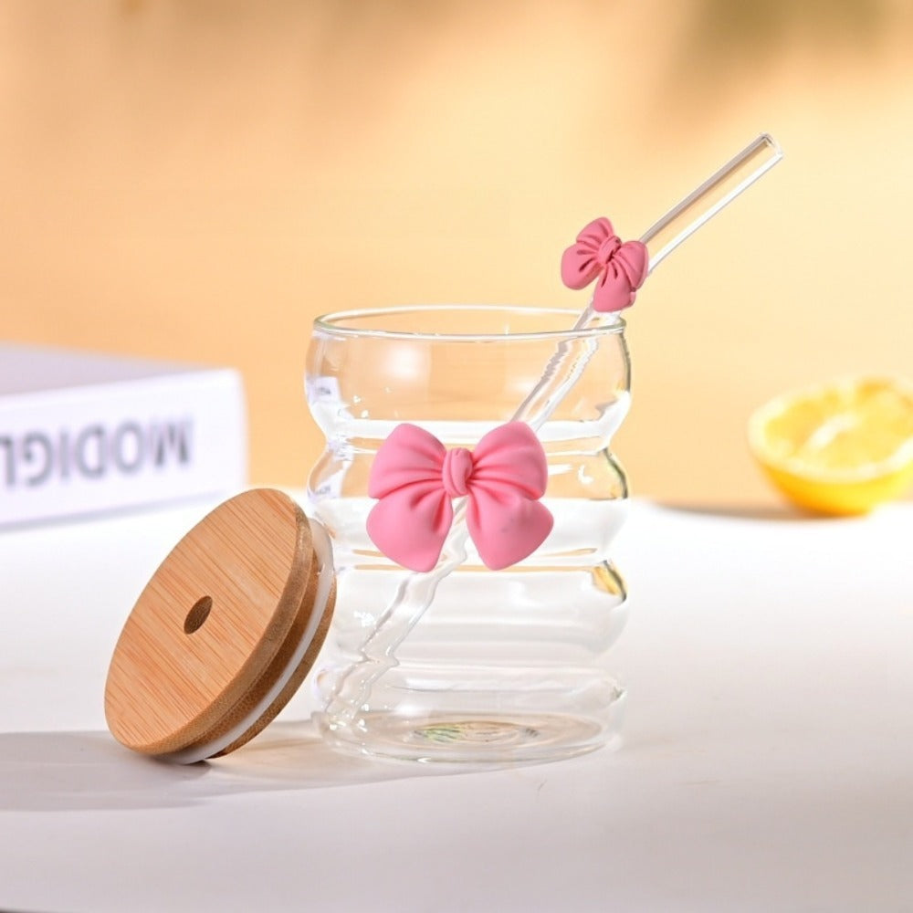 Bow Pattern Glass Tumbler with Wooden Lid & Glass Straw - All-In-One Store Pakistan
