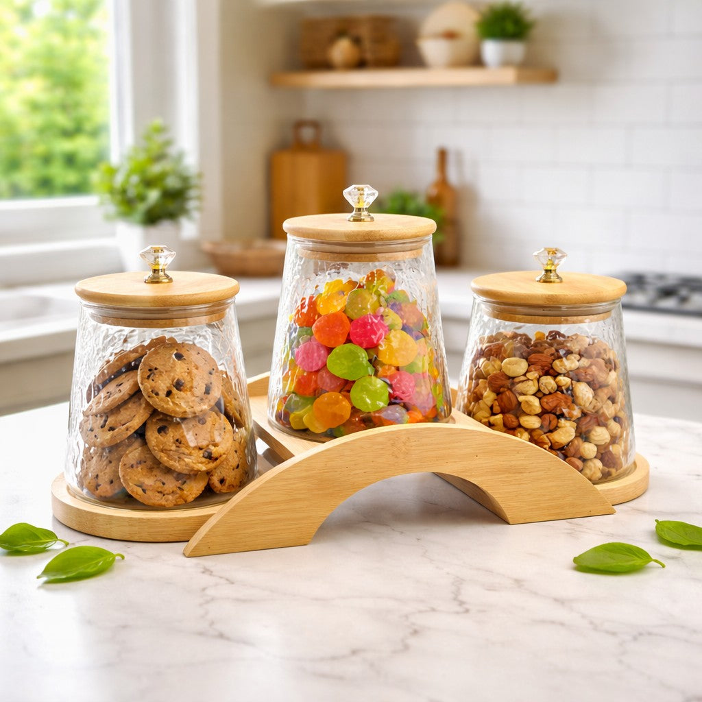 Decorative Bridge-Design Jar Trio with Natural Wooden Stand (1101) - All-In-One Store Pakistan