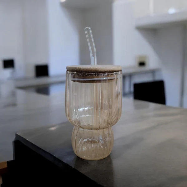 AmberRib Glass Cup with Wooden Lid - All-In-One Store Pakistan