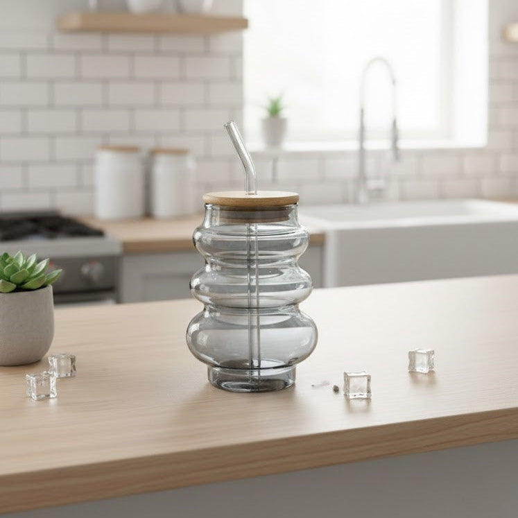SmokyRippled Airtight Glass Tumbler with Straw - All-In-One Store Pakistan